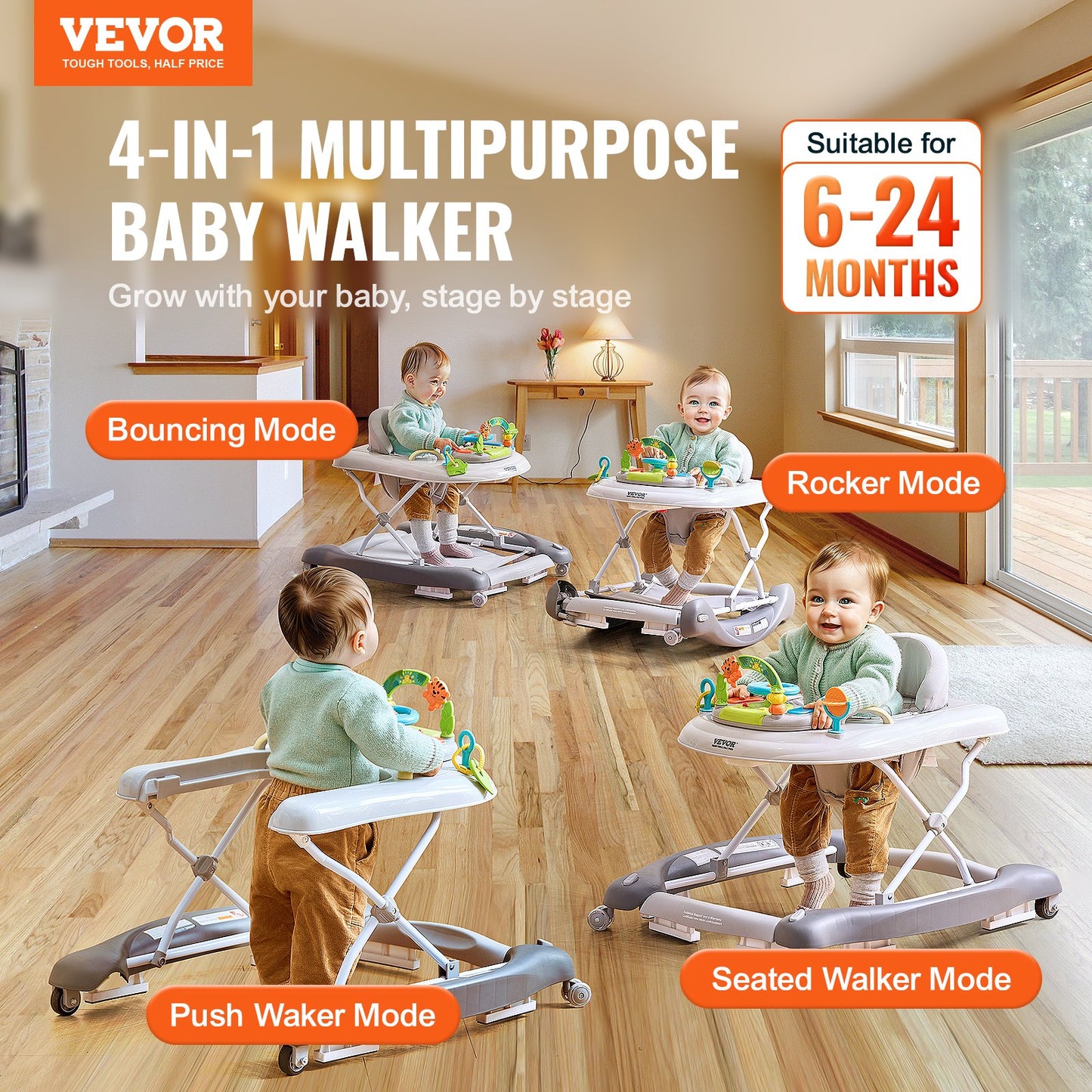 4-in-1 Baby Walker, Foldable Baby Activity Center On Wheels, 3 Adjustable Height, Music & Toys Tray, Learning-Seated | Walk-Behind | Rocker | Bouncer Toddler Walker For Girls Boys  6-24 Months