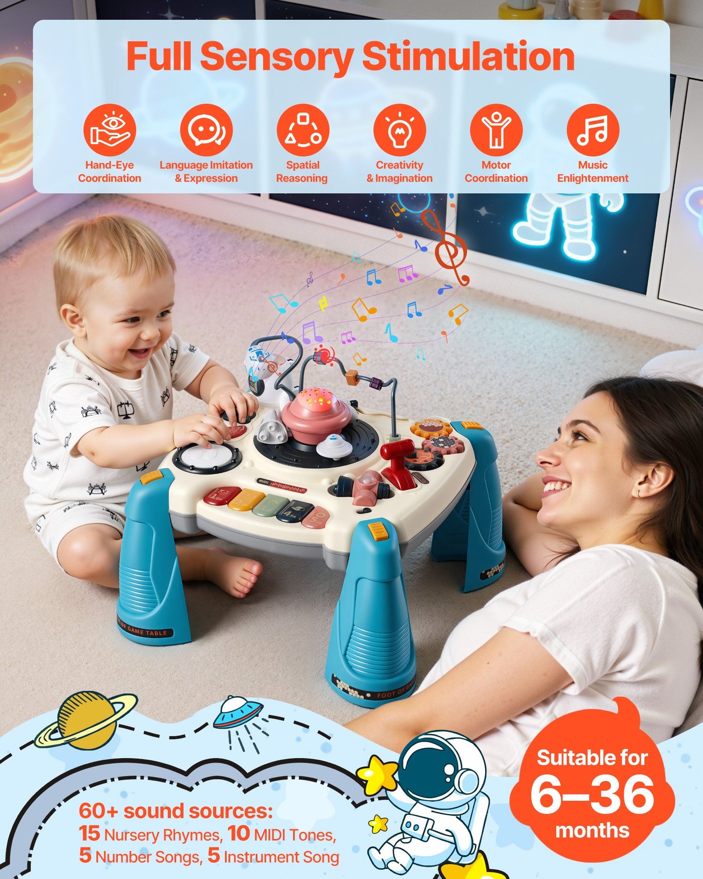 Baby Spacecraft Musical Table Toys For 1-3 Years Old, Learning Activity Desk With Space Theme & Soft-glow Star Projector & 60+ Sound Sources, Toddler Learning Table For Kids 6+ Months