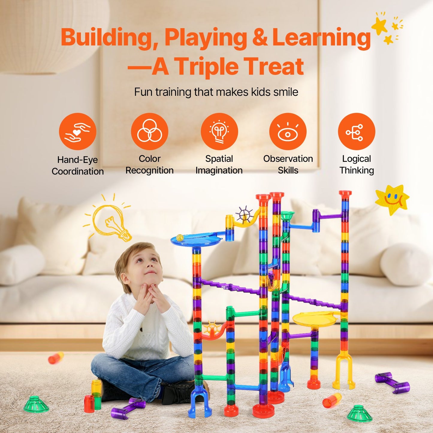 Marble Run Set, 145 Piece Marble Maze Building Block Brain Game, With 5 Glow In The Dark Marbles + 40 Glass Marbles, Educational Learning Race Track STEM Toys, For Kids, Boys, Girls Ages 3