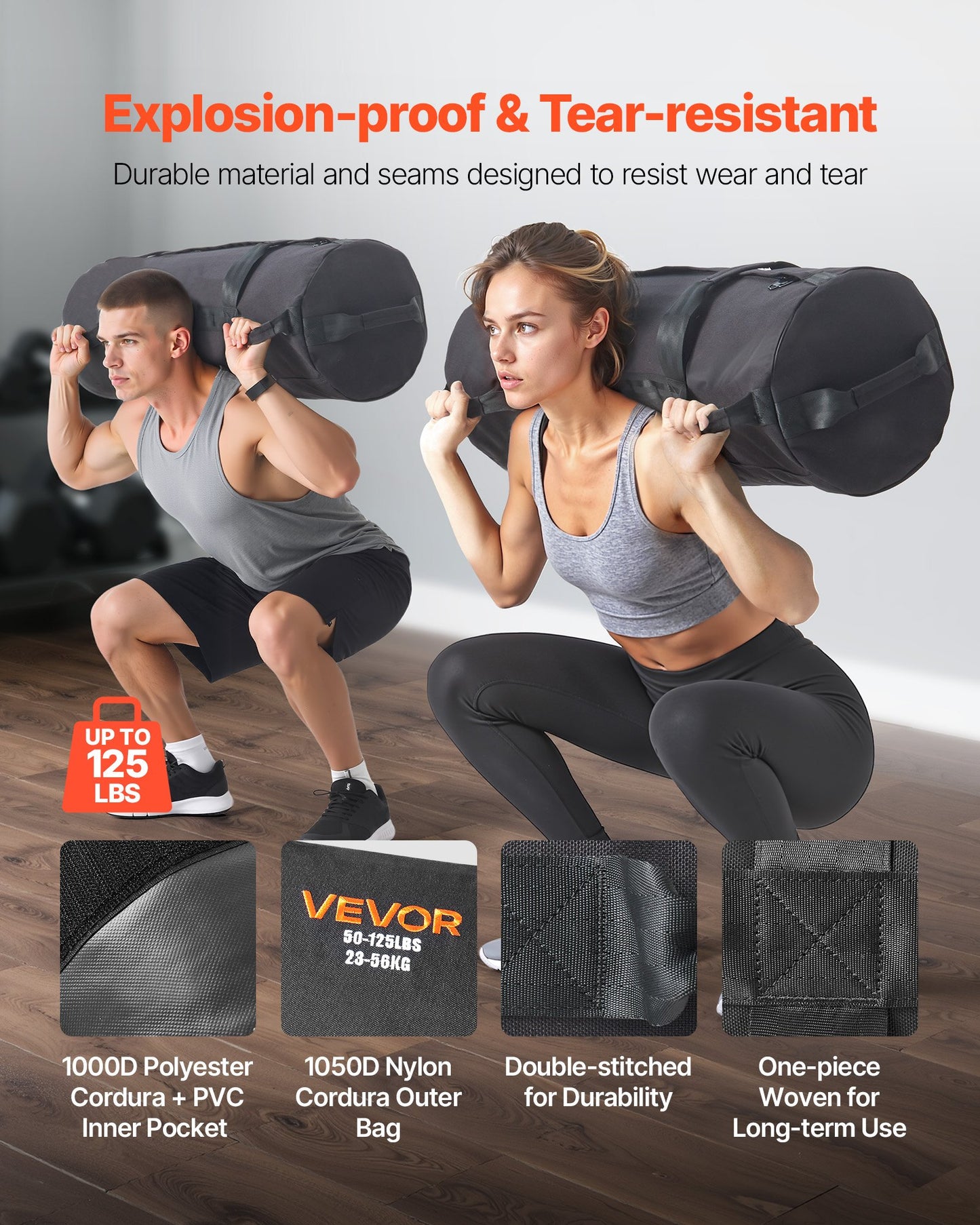 Workout Sandbag, Heavy Duty Workout Power Bags With Handles, 50-125 Lbs Adjustable Slam Bag For Fitness Strength Weight Training Cross-Training, Home Gym Exercise, Black (Unfilled)