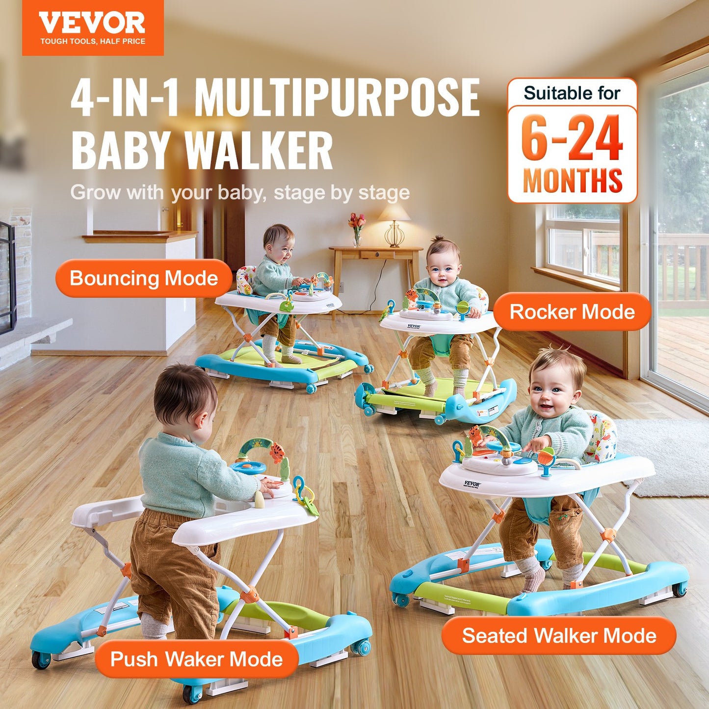 4-in-1 Baby Walker, Foldable Baby Activity Center On Wheels, 3 Adjustable Height, Music  Toys Tray, Learning-Seated Walk-Behind  Rocker Bouncer Toddler Walker For Girls Boys 6-24 Months
