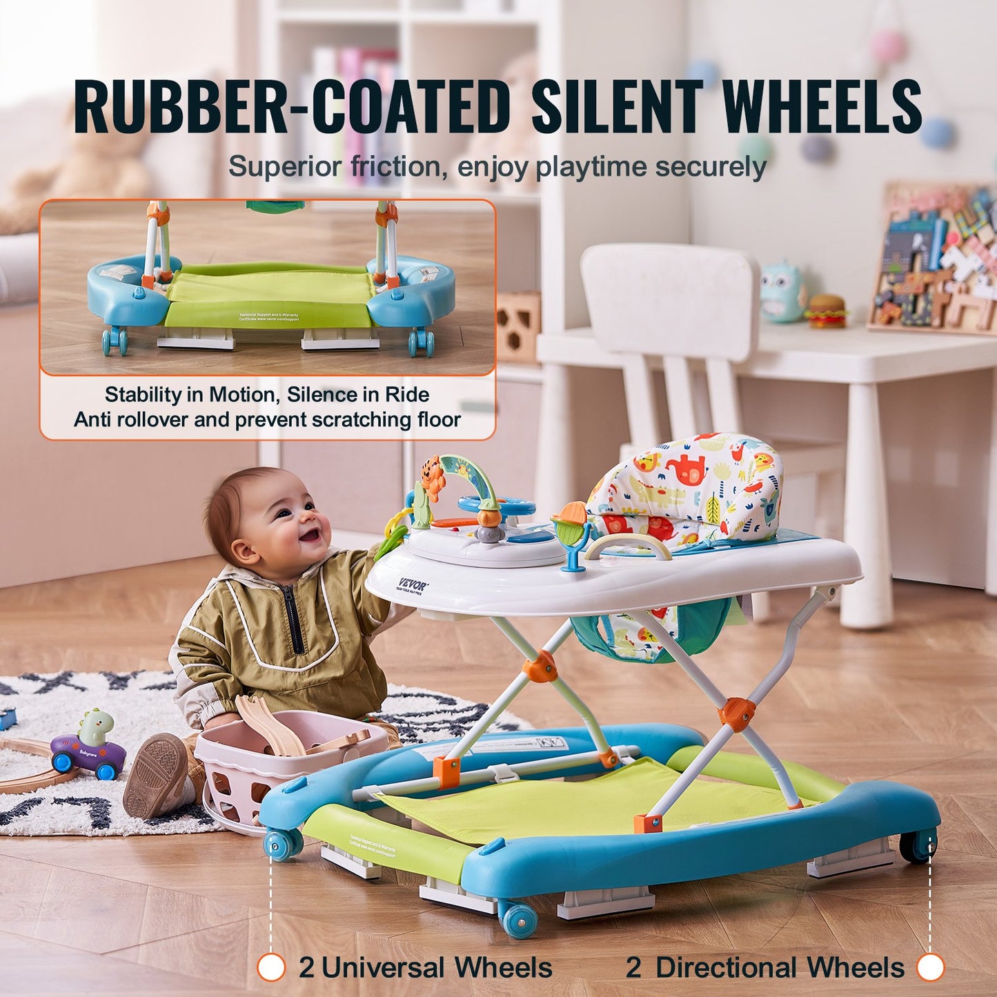 4-in-1 Baby Walker, Foldable Baby Activity Center On Wheels, 3 Adjustable Height, Music  Toys Tray, Learning-Seated Walk-Behind  Rocker Bouncer Toddler Walker For Girls Boys 6-24 Months